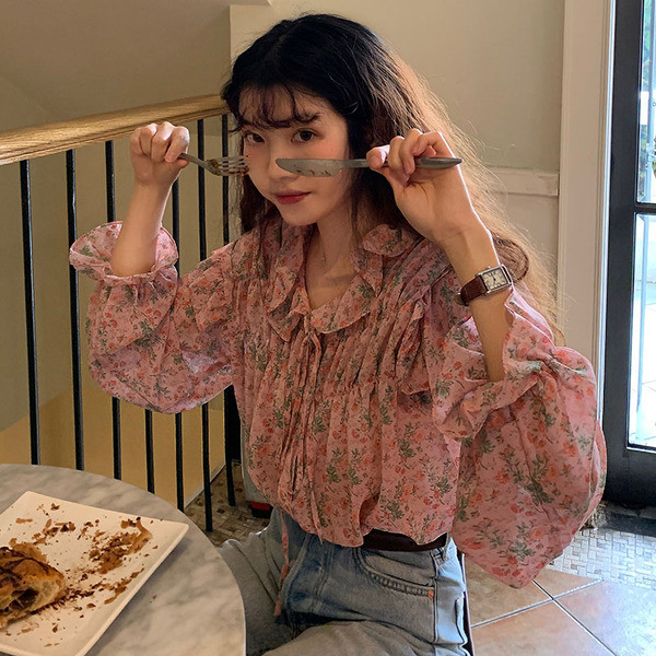 Bluză casual de damă cu model floral în culoarea roz