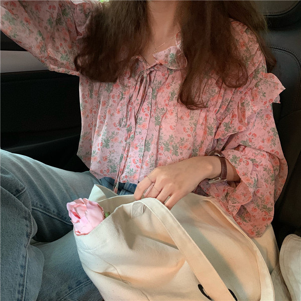 Bluză casual de damă cu model floral în culoarea roz