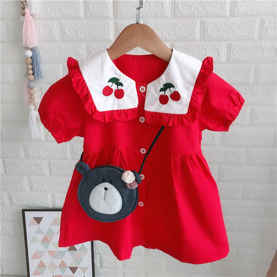 Модерна детска рокля с копчета за момичета в червен цвят