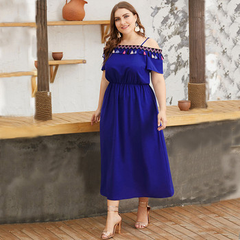 Rochie elegantă de damă, cu bretele și umerii goi, în albastru