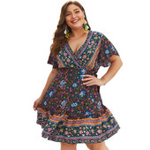 Rochie de dama decupata cu decolteu in V si model floral in mai multe culori