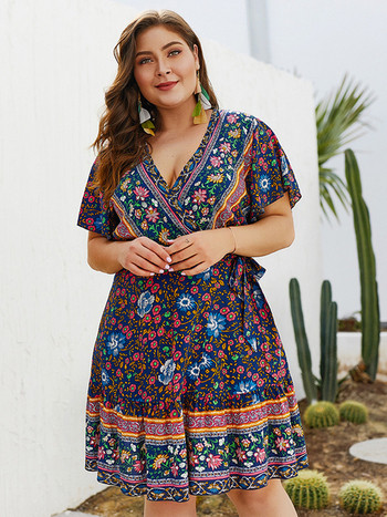 Rochie de dama decupata cu decolteu in V si model floral in mai multe culori