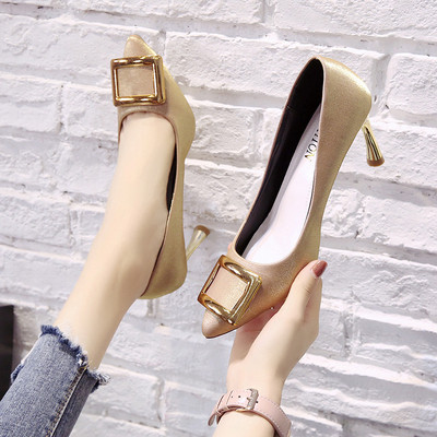 Pantofi de dama eleganti cu toc si catarama metalica in trei culori