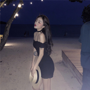 Rochie casual de dama in negru cu umerii goi