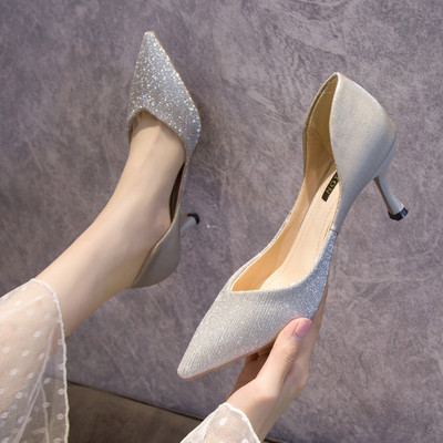 Pantofi moderni de dama cu toc si efect stralucitor in doua culori