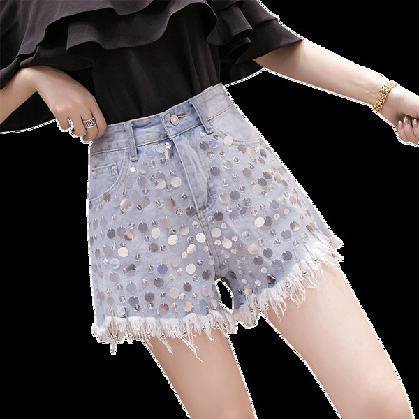 Blugi scurti de dama de culoare deschisa cu paiete