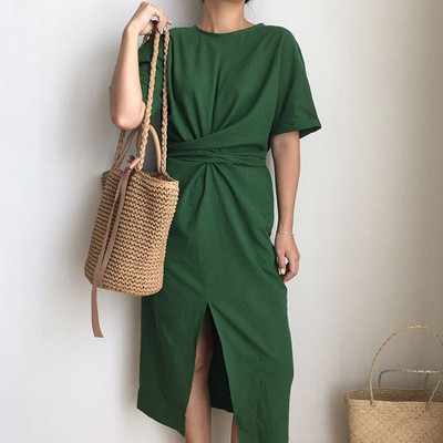 Rochie casual de dama cu fanta de culoare verde