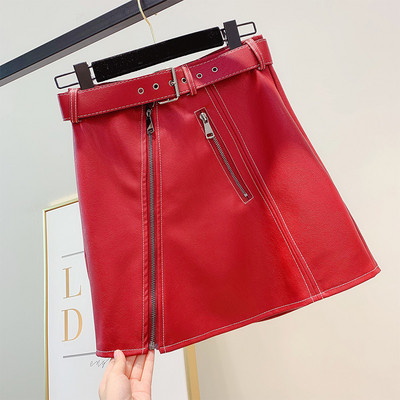 Fusta de dama din piele cu talie inalta si curea in trei culori