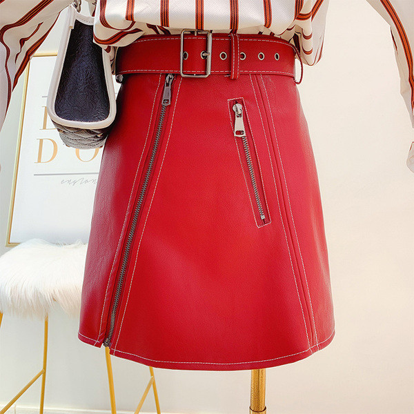 Fusta de dama din piele cu talie inalta si curea in trei culori