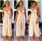 Model nou de salopeta dama in dungi cu bretele galbene