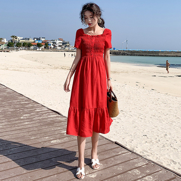 Rochie casual de dama decupata model cu maneci scurte de culoare rosie