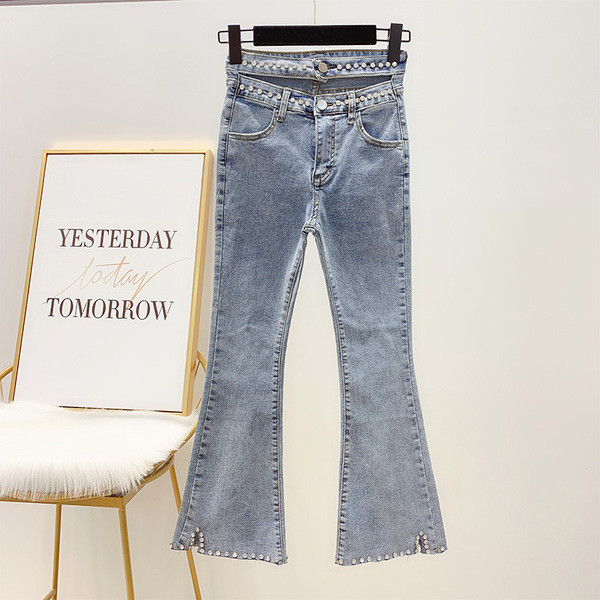 Blugi de dama cu talie inalta si pietre