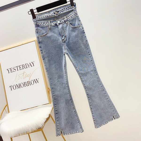 Blugi de dama cu talie inalta si pietre