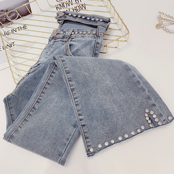 Blugi de dama cu talie inalta si pietre