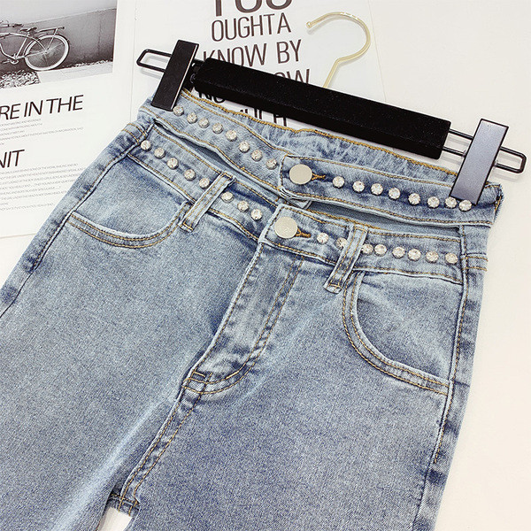 Blugi de dama cu talie inalta si pietre