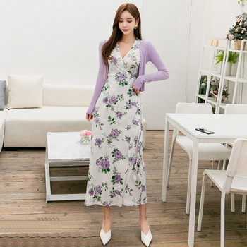 Rochie moderna de dama cu maneci 3/4 si model floral in alb