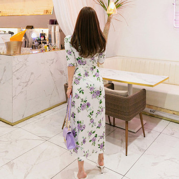 Rochie moderna de dama cu maneci 3/4 si model floral in alb