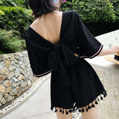 Salopetă scurtă casual de damă în negru și roșu