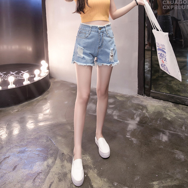 Pantaloni scurți casual de damă cu talie înaltă și motive rupte