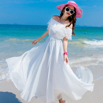 Rochie modernă de damă cu mâneci căzute în alb