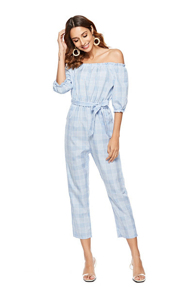 Salopeta dama in carouri cu maneci 3/4 de culoare albastra