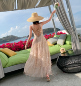 Rochie lunga de dama eleganta cu paiete si spate gol de culoare deschisa