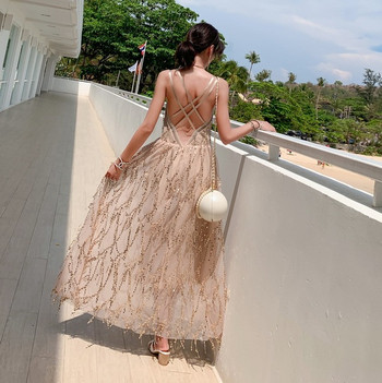 Rochie lunga de dama eleganta cu paiete si spate gol de culoare deschisa