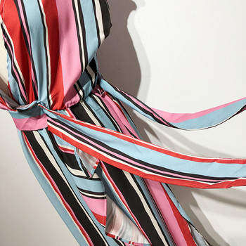 Rochie lungă în dungi cu legături în talie