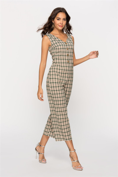 Salopeta de dama in carouri cu nasturi si decolteu in V