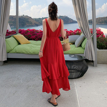 Rochie lunga de dama cu cravate in talie in rosu