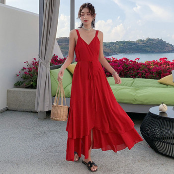 Rochie lunga de dama cu cravate in talie in rosu