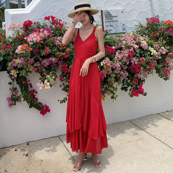 Rochie lunga de dama cu cravate in talie in rosu