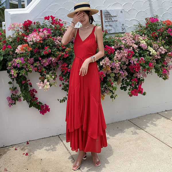 Rochie lunga de dama cu cravate in talie in rosu