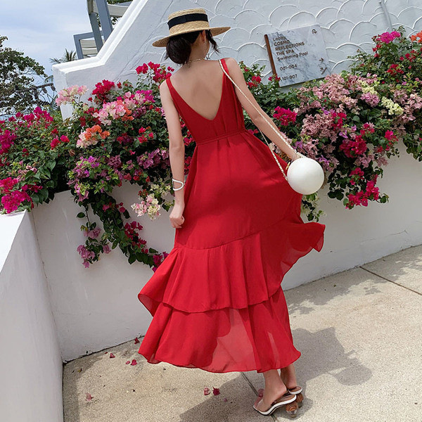 Rochie lunga de dama cu cravate in talie in rosu