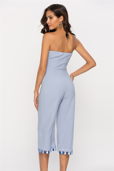 Salopeta de dama fara bretele cu element-ciucuri in albastru