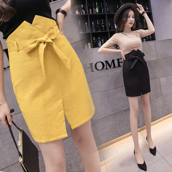 Fusta de dama actuala in galben si negru cu panglica