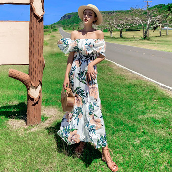 Rochie moderna de dama lunga in alb cu motive florale