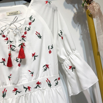 Rochie lunga alba cu maneci 3/4 si broderie