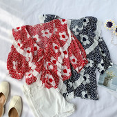 Cămașă de damă cu model floral în negru și roșu