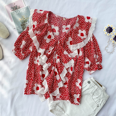 Cămașă de damă cu model floral în negru și roșu