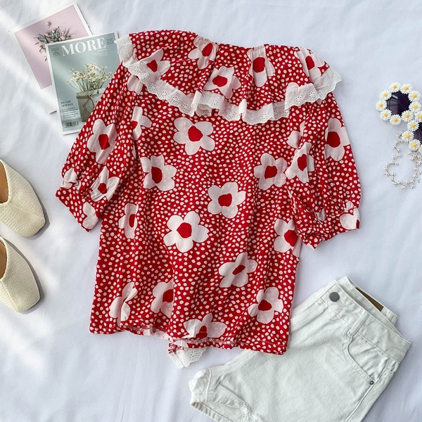 Cămașă de damă cu model floral în negru și roșu