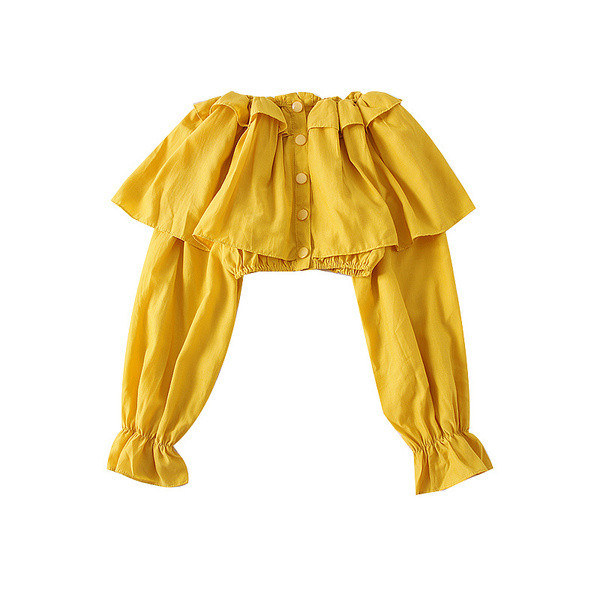 Bluză de damă elegantă cu umerii goi, în alb, negru și galben