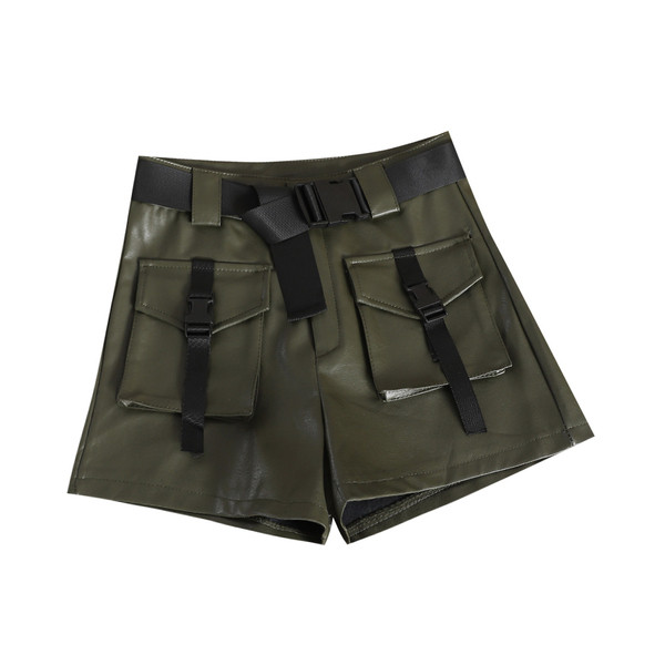 Pantaloni scurti de dama din imitatie de piele cu buzunare in mai multe culori