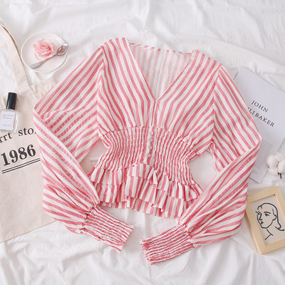 Cămașă modernă de damă cu mâneci lungi și decolteu în V - două culori