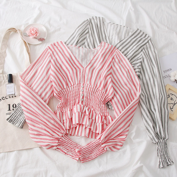 Cămașă modernă de damă cu mâneci lungi și decolteu în V - două culori