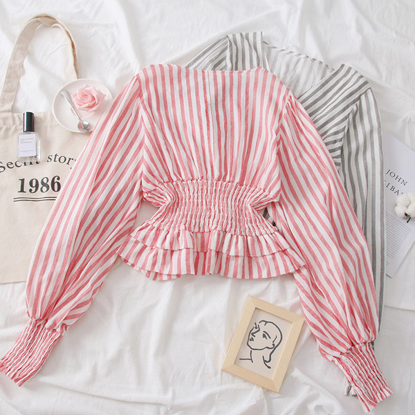 Cămașă modernă de damă cu mâneci lungi și decolteu în V - două culori