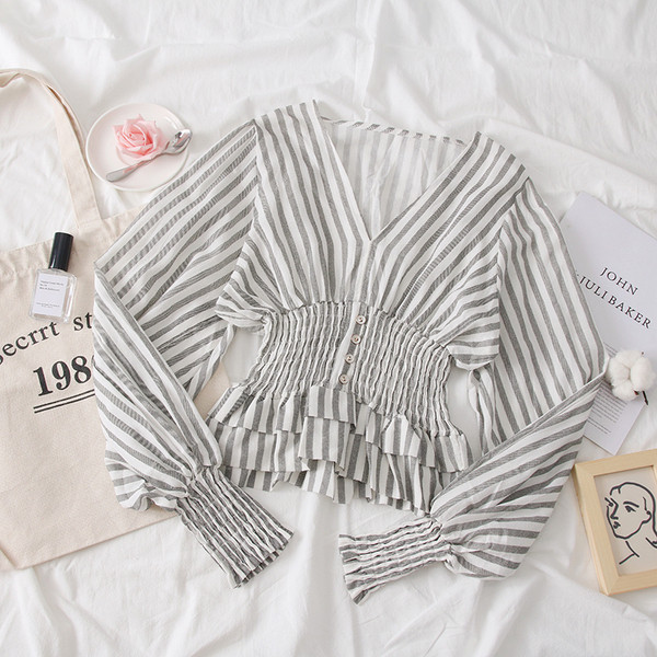 Cămașă modernă de damă cu mâneci lungi și decolteu în V - două culori