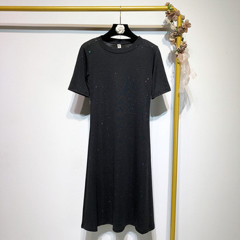 Rochie lunga cu decolteu oval si maneci scurte in negru si gri