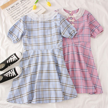 Rochie moderna de dama in carouri cu maneci scurte in albastru, galben si roz