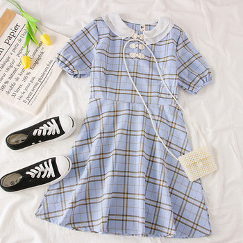 Rochie moderna de dama in carouri cu maneci scurte in albastru, galben si roz